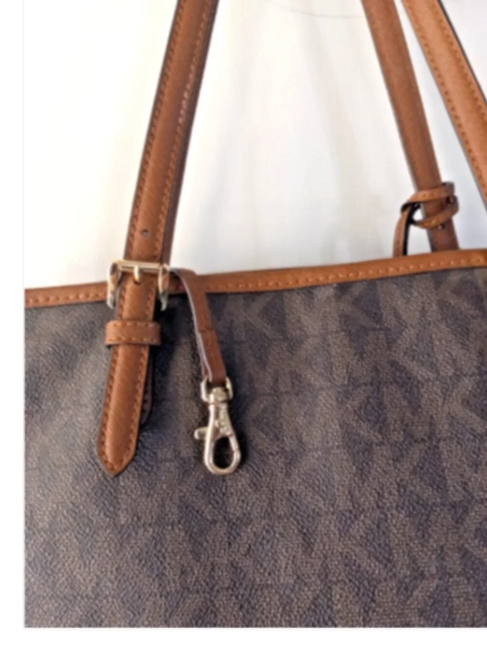 Michael Kors Large Tote Bag Brown MK Signature Logo Gold Charm Zip Top Purse